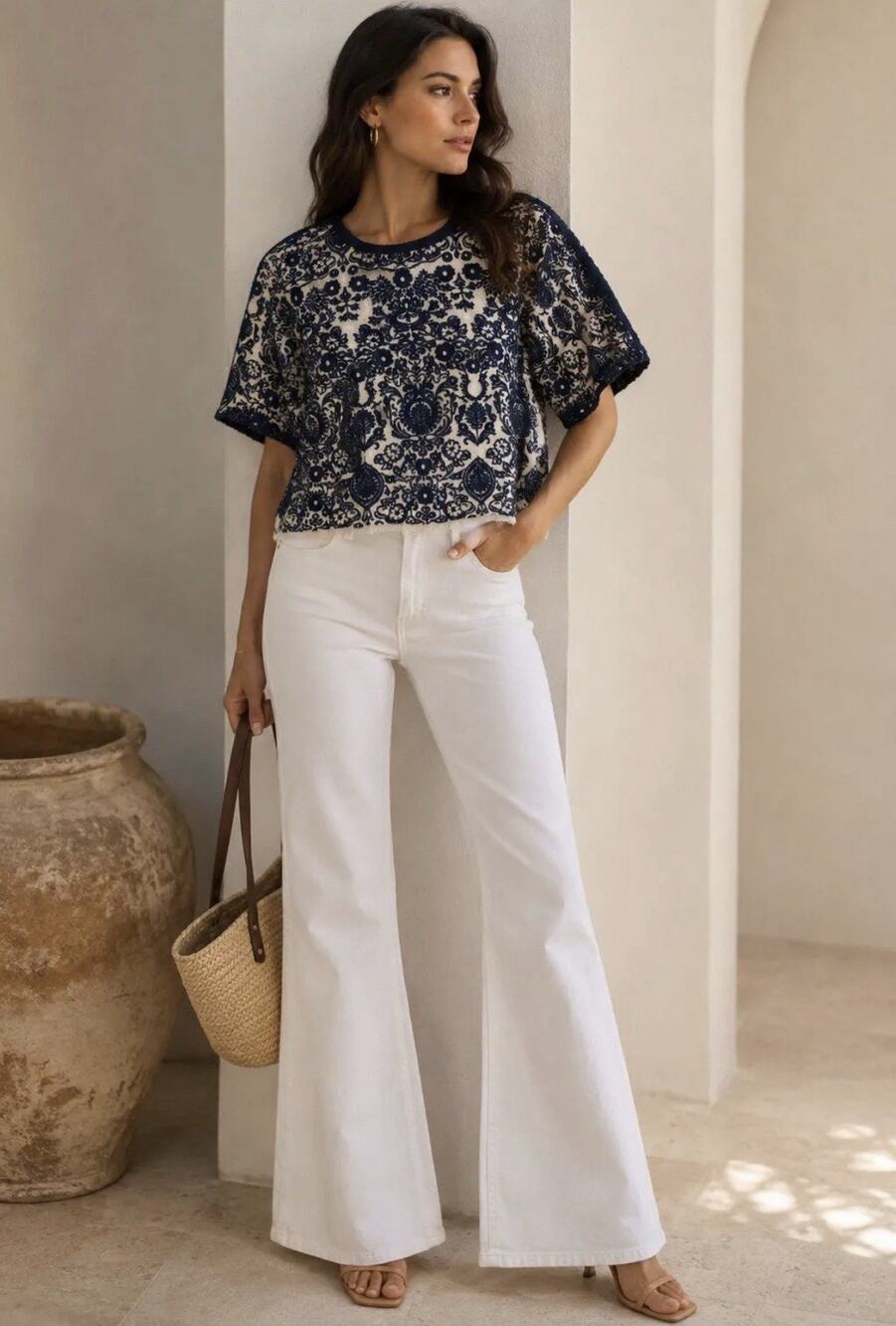 SEA NY Black Ivory Embroidered Organza Damask Lace Blouse Top Excellent Cond